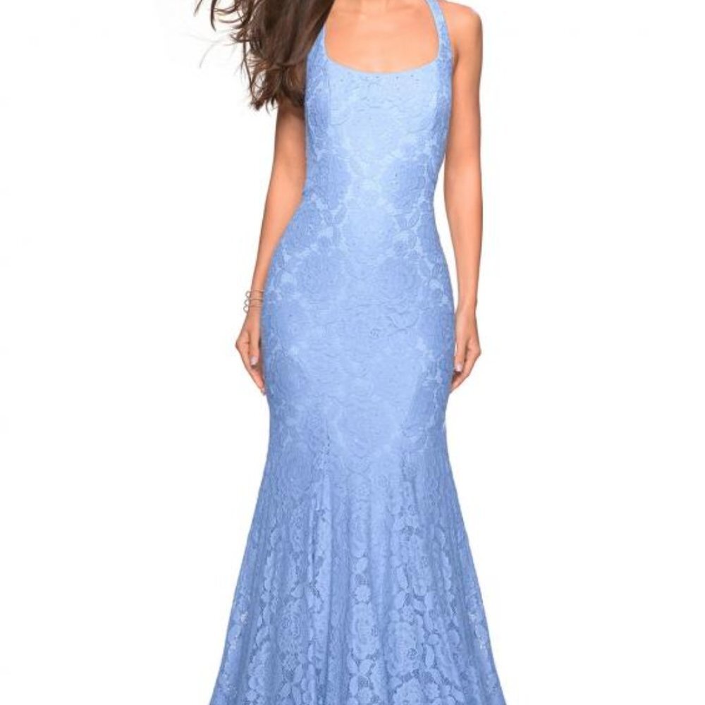 Nwt La Femme 27484 Stretch Lace Evening Dress Cloud Blue Size 2